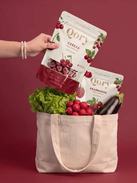 Manos colocando bolsas de fruta congelada Qory en una bolsa de compras